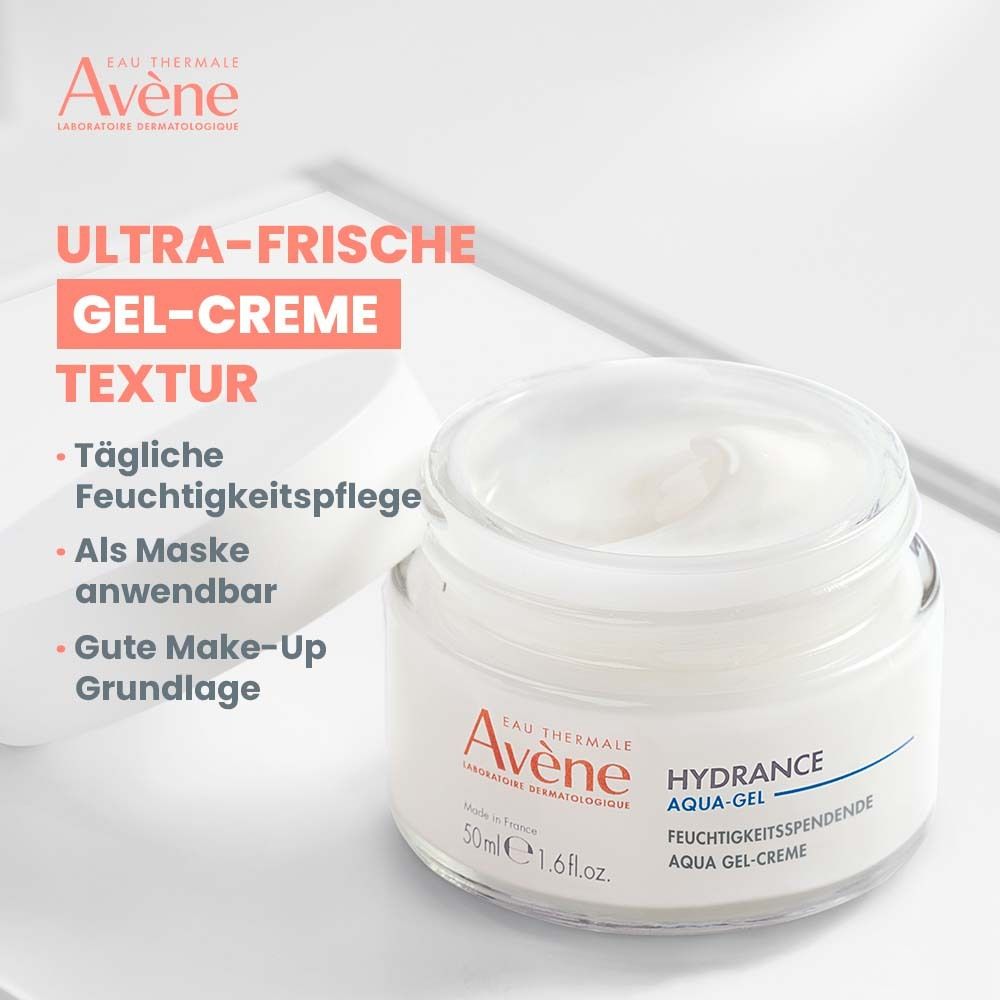 Pot de crème Aqua-Gel. Texte: Texture gel-crème ultra-fraîche. Soin hydratant quotidien. Bonne base de maquillage. Logo et nom.
