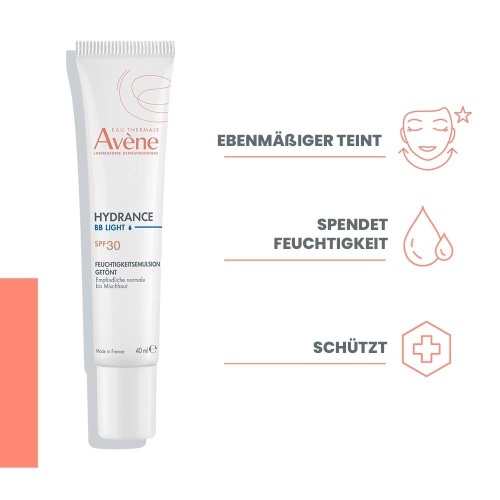 Weiße Tube Feuchtigkeitsemulsion getönt LSF 30, 40ml. Text: Ebenmäßiger Teint, spendet Feuchtigkeit, schützt. Illustrationen.