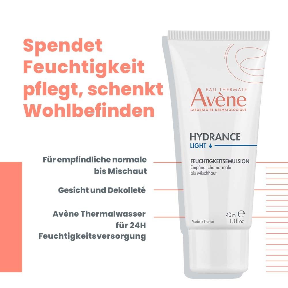 Tube "Hydrance Light", 40ml. Texte: Hydrate, nourrit, procure du bien-être. Pour peaux sensibles normales à mixtes.