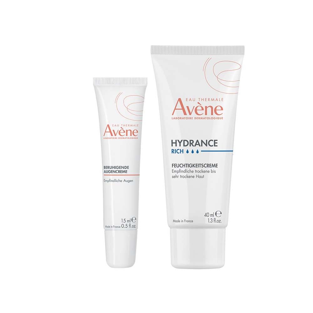 Zwei Tuben Avène-Creme. Links: Augencreme, 15 ml. Rechts: Hydrance reichhaltige Feuchtigkeitscreme, 40 ml. Beide weiß mit roter Schrift.