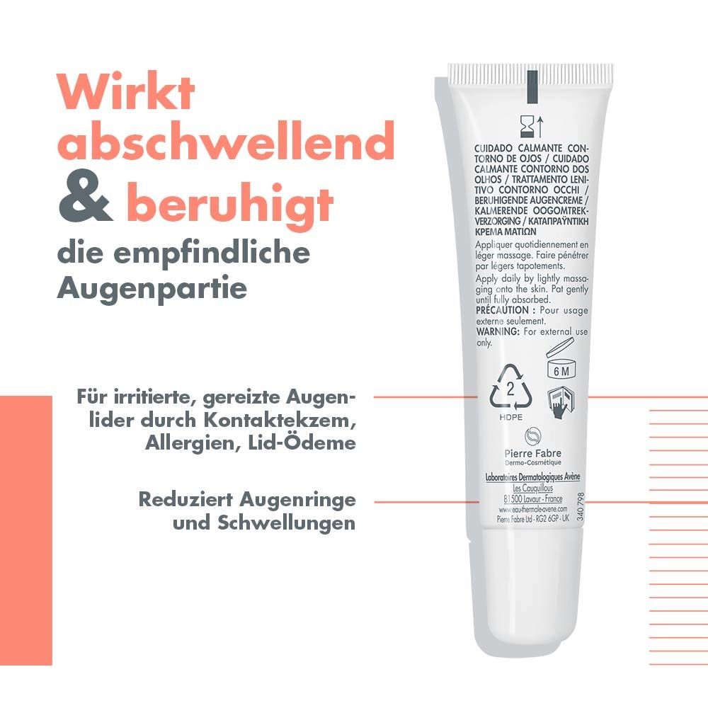 Rückseite der Avène Augencreme-Tube. Text: Wirkt abschwellend & beruhigt die empfindliche Augenpartie. Hinweise zur Anwendung. Roter Hintergrund.