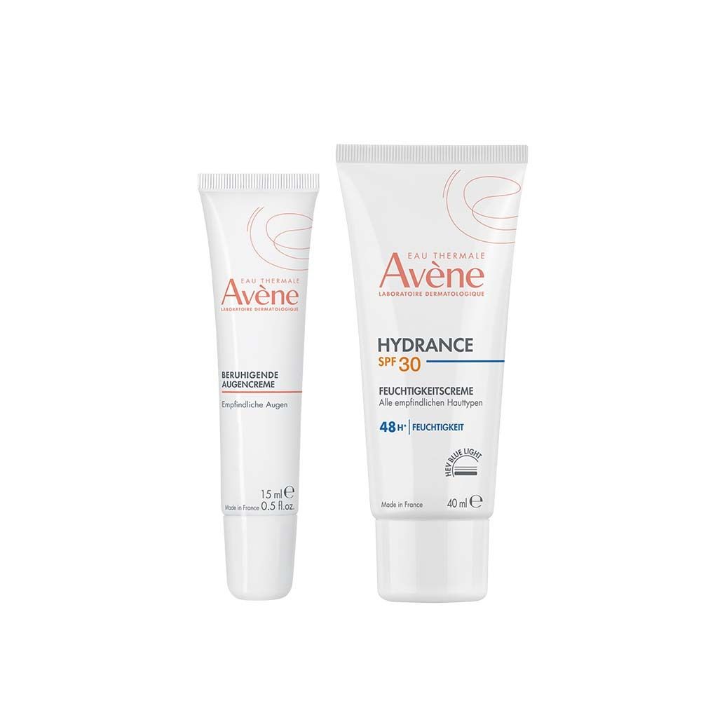 Deux tubes : Avène crème pour les yeux et Hydrance crème hydratante SPF 30. Blancs avec texte rouge. Crème yeux 15 ml, crème hydratante 40 ml.