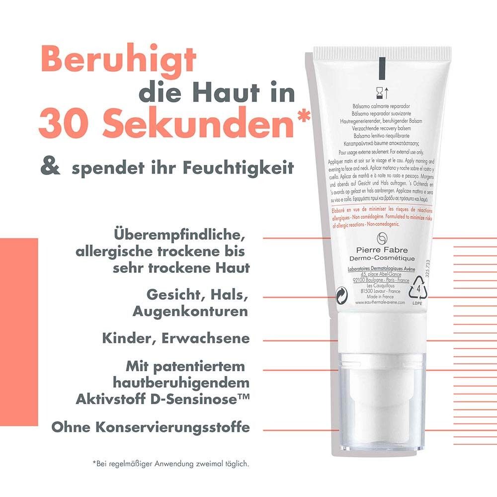 Dos du tube de baume Avène Tolérance Control. Texte: Apaise la peau en 30 secondes & hydrate. Pour peaux hypersensibles.
