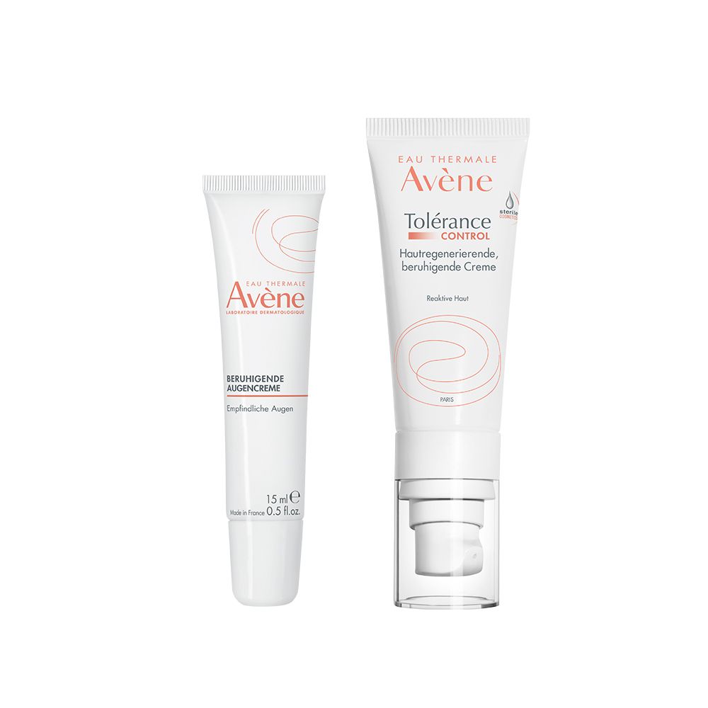Zwei Tuben Avène Augencreme und Tolérance Control Creme. Beide weiß mit roter Schrift. Augencreme: 15ml. Control Creme: Pumpverschluss.