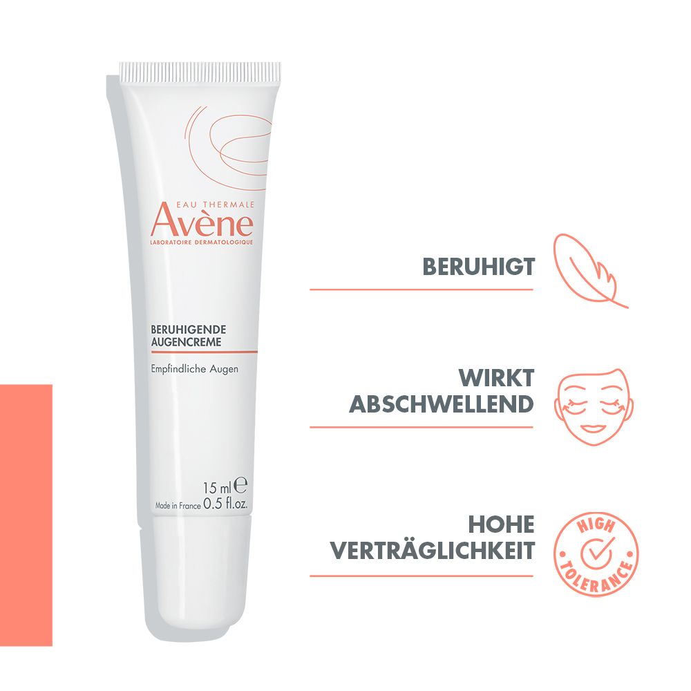 Weiße Tube Avène Augencreme. Rote Schrift. Text: Beruhigende Augencreme, Empfindliche Augen. 15ml. Illustrationen: Feder, Augen, Hohe Verträglichkeit.