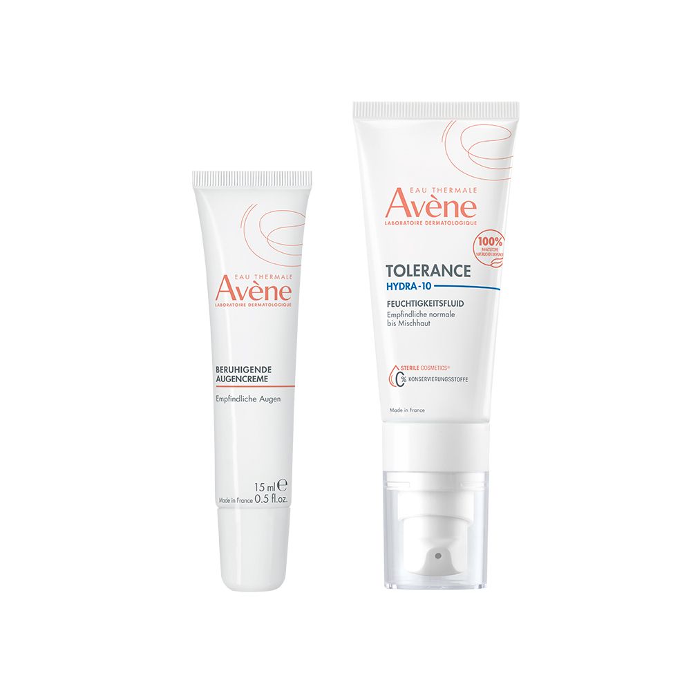 Zwei Tuben Avène-Produkte. Links: Augencreme, 15 ml. Rechts: Feuchtigkeitsfluid, mit Spender. Beide weiß mit roter Schrift.
