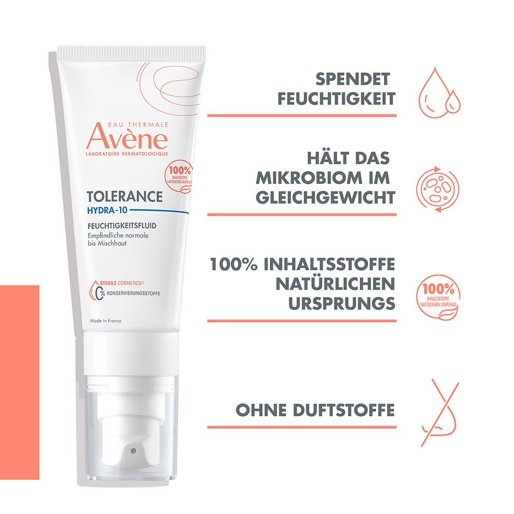 Weiße Tube Avène Tolérance Hydra-10 Feuchtigkeitsfluid mit Spender. Text: 100% Inhaltsstoffe natürlichen Ursprungs. Grafiken.