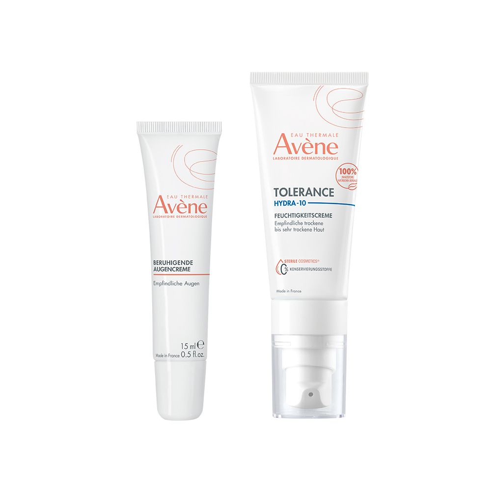 Deux tubes de crème Avène. À gauche : crème pour les yeux, 15 ml. À droite : crème hydratante, avec pompe, 100%. Blanc avec texte rouge.