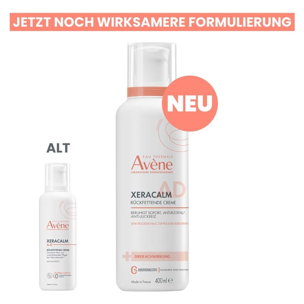 Vergleich: Kleine und große Flasche Avène XeraCalm A.D Creme. Aufschrift: XeraCalm A.D, Rückfettende Creme.