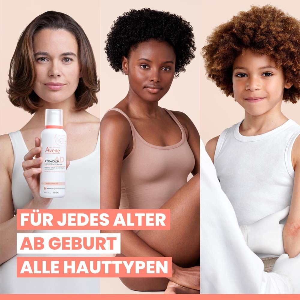 Drei Personen, halten Avène XeraCalm A.D Creme. Text: Für jedes Alter ab Geburt, alle Hauttypen.