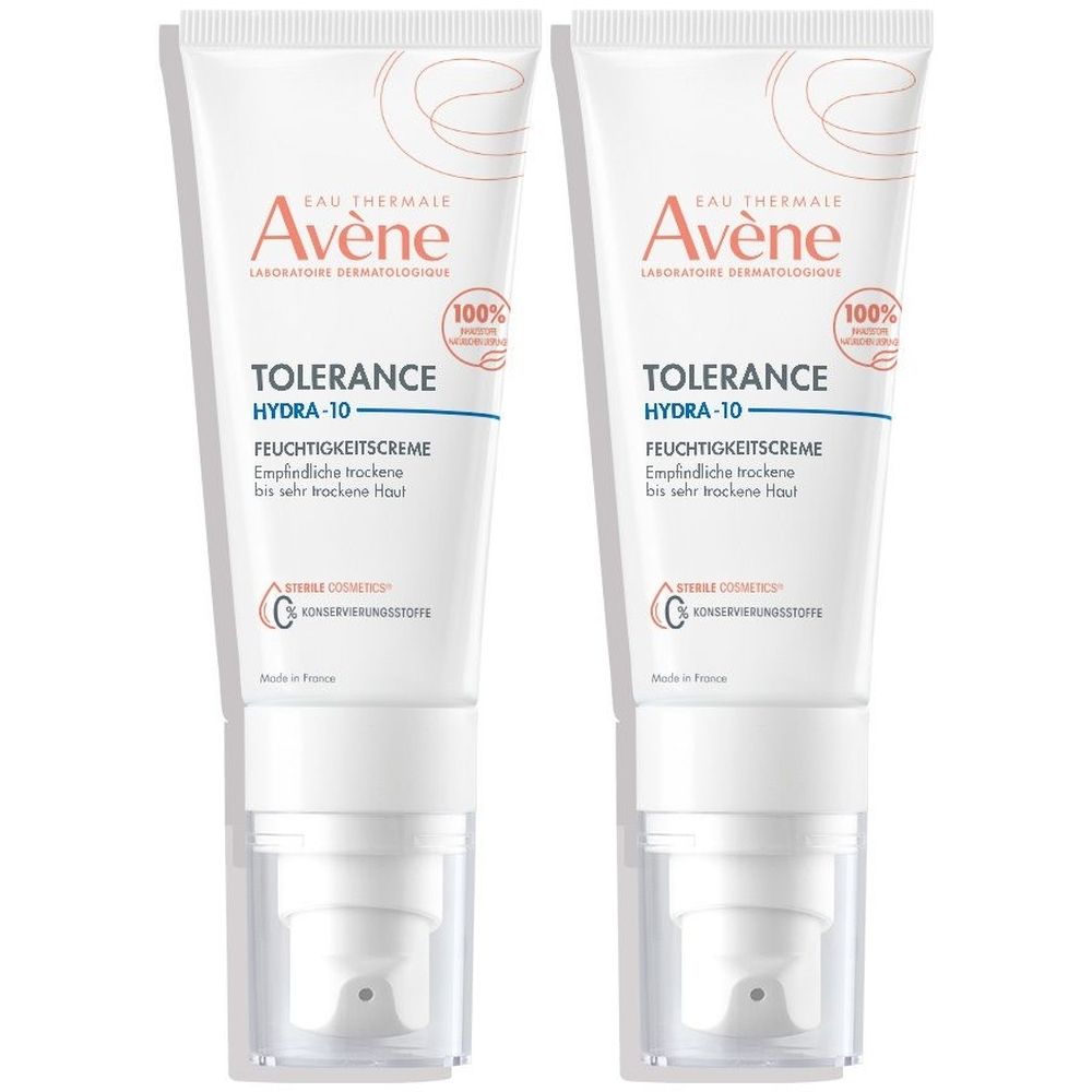 Deux tubes blancs de crème hydratante Avène Tolérance Hydra-10. Inscription: Hydra-10, crème hydratante, pour peaux sensibles et sèches.