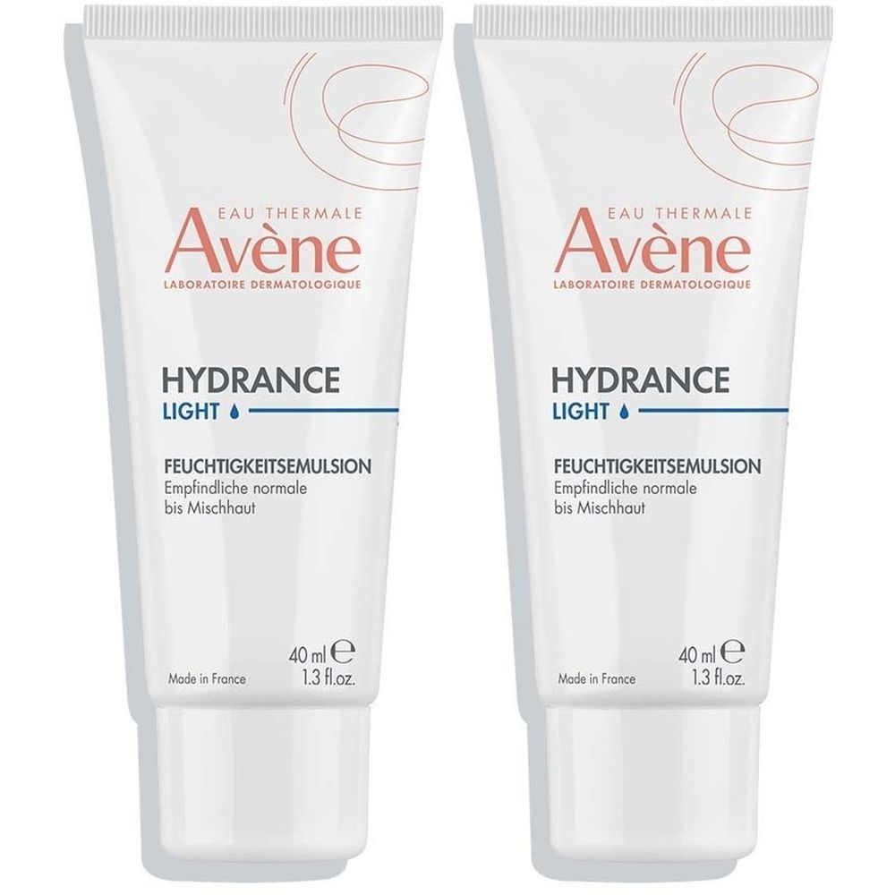 Deux tubes blancs Avène Hydrance Light. Texte et logo sur les tubes. 40 ml.