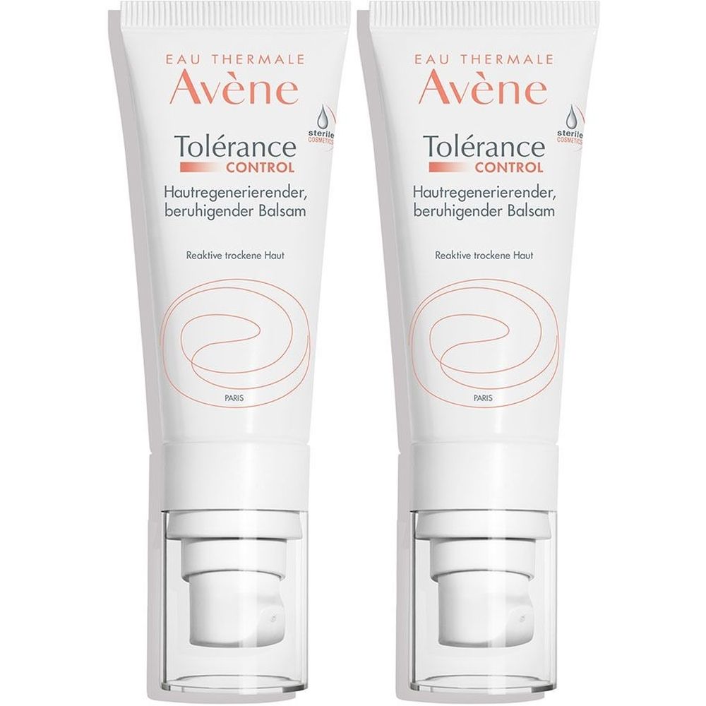 Deux tubes blancs avec logo et texte. Inscription: Tolérance Control, baume apaisant. Marque: Avène. Emballage.