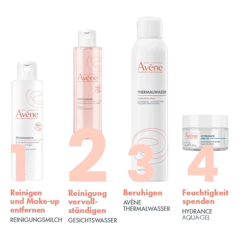 Vier Produkte: Reinigungsmilch, Gesichtswasser, Thermalwasser, Hydrance Aqua-Gel. Produktnamen und Markenlogos.