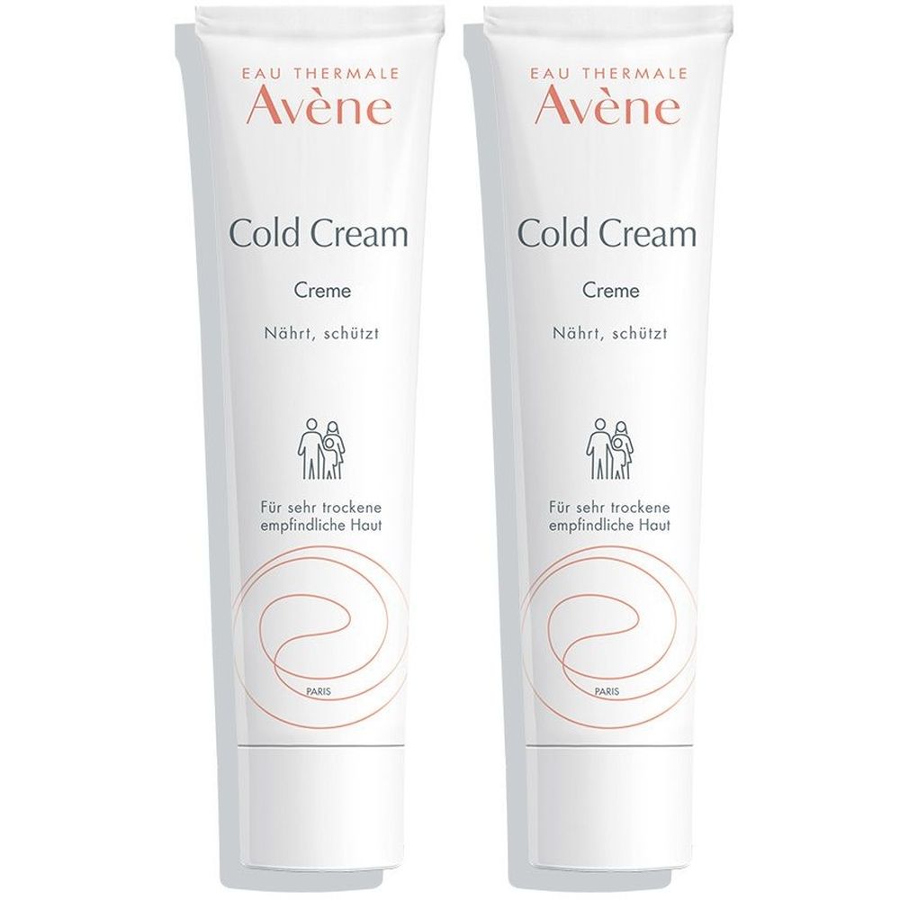 Deux tubes blancs "Avène Cold Cream". Texte : "Nourrit, protège". Pour peaux très sèches et sensibles.