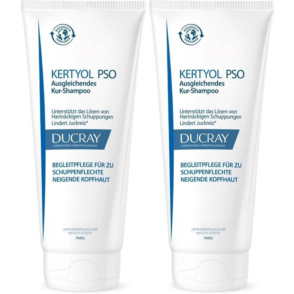 Deux tubes blancs avec texte bleu. Inscription: Kertyol PSO Kur-Shampoo, Ducray. Soin complémentaire pour cuirs chevelus sujets au psoriasis.