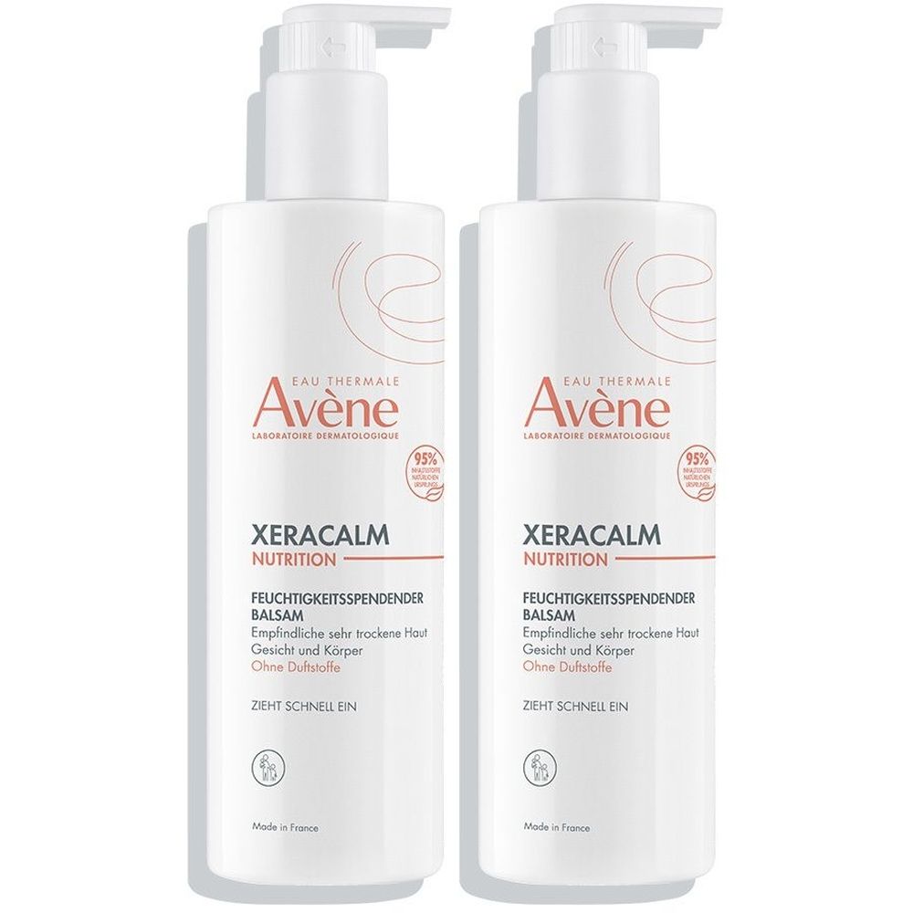 Deux flacons blancs avec pompe. Inscription: Avène XeraCalm Nutrition Baume hydratant pour peaux très sèches.