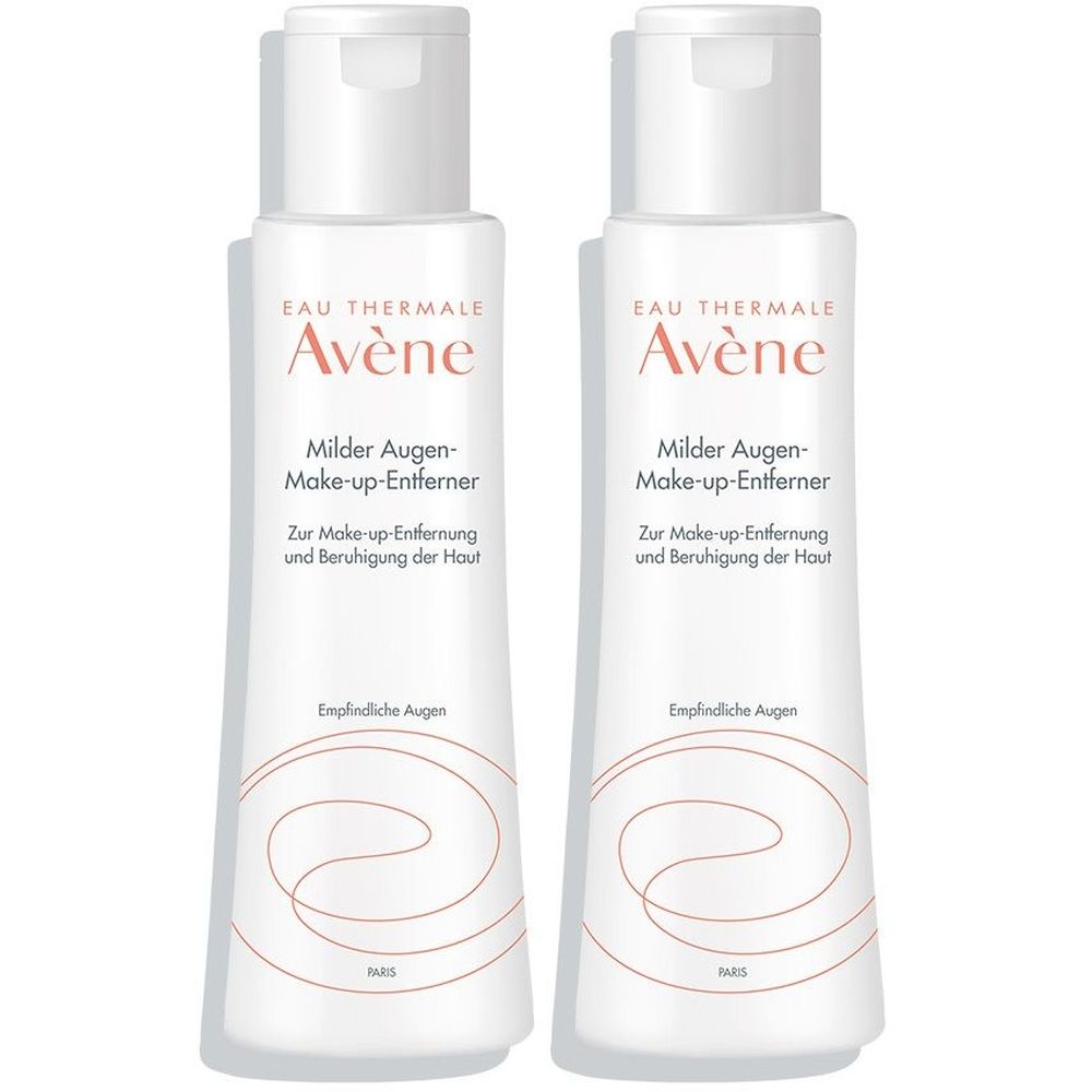 Deux flacons blancs avec bouchon rabattable. Inscription: Avène, Démaquillant doux pour les yeux. Pour yeux sensibles.