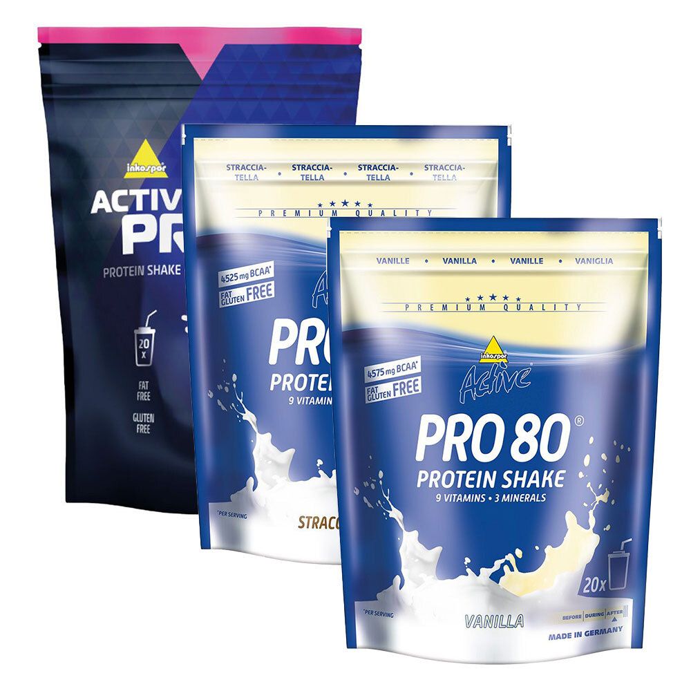 Trois sachets de Inkospor Active Pro 80 Protein Shake. Inscriptions : Vanille, Stracciatella. Contient 9 vitamines et 3 minéraux. Sans gluten.