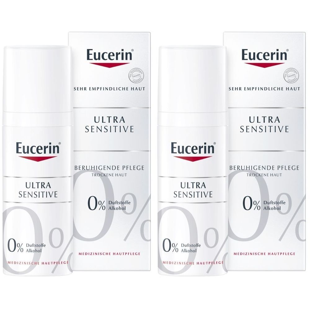 Plusieurs flacons blancs avec logo Eucerin et texte. Inscription : Ultra Sensitive, soin apaisant, 0% parfum, 0% alcool. Soin médical de la peau.
