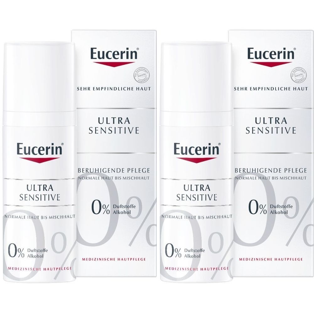 Quatre flacons blancs. Inscriptions : Eucerin, Ultra Sensitive, soin apaisant, 0% parfum, 0% alcool. Pour peaux normales à mixtes.
