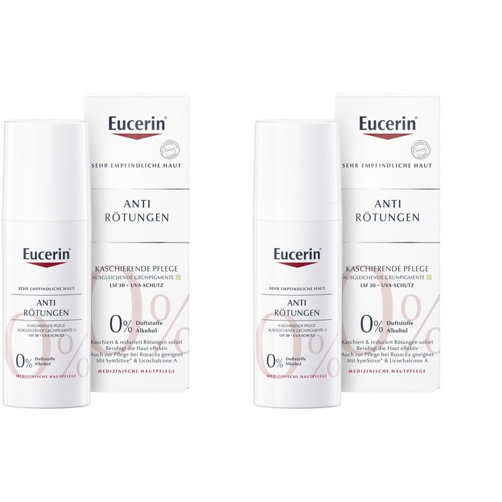 Deux flacons et emballages blancs. Inscription : Eucerin, Anti Rougeurs, Soin Camouflant, SPF 30. 0% parfum, 0% alcool.