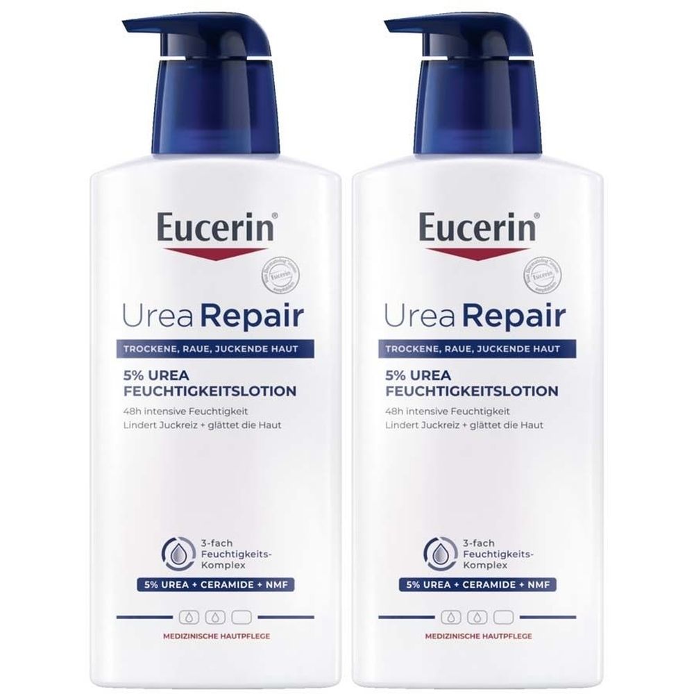 Deux flacons de lotion blancs avec des pompes bleues. Inscription: Eucerin Urea Repair, 5% Urea Feuchtigkeitslotion. Soin médical de la peau.
