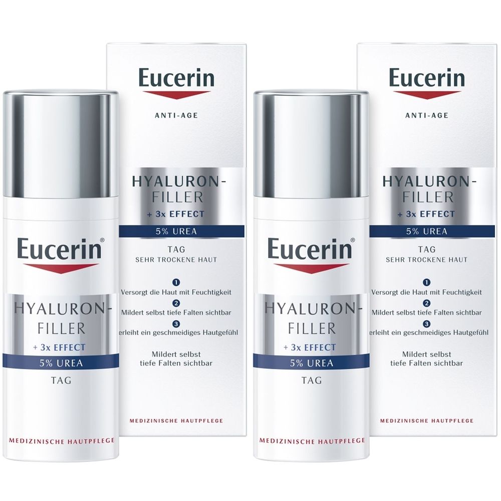 Plusieurs flacons et emballages de Eucerin Hyaluron-Filler. Les flacons ont des bouchons argentés et des étiquettes blanches avec du texte rouge.