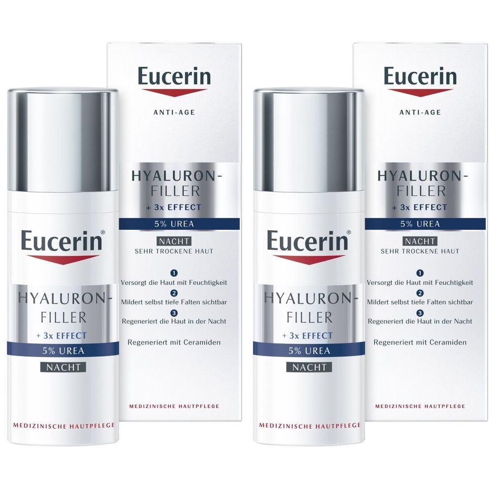 Plusieurs flacons et emballages. Inscription : Eucerin, Hyaluron-Filler +3x Effect, 5% Urea, Nuit. Pour peaux très sèches.