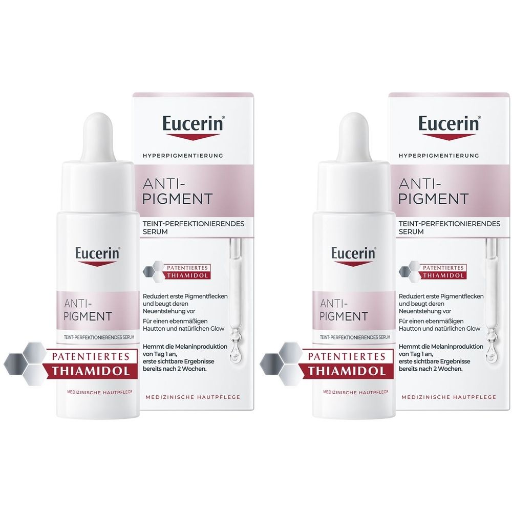Deux flacons et emballages. Inscription : Eucerin Anti-Pigment Serum. Contient du Thiamidol. Emballage rose et blanc.