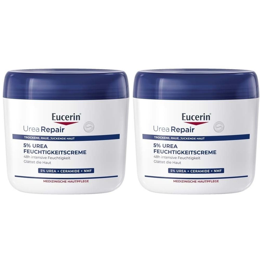 Zwei weiße Tiegel mit blauem Deckel. Aufschrift: Eucerin Urea Repair 5% Feuchtigkeitscreme. Medizinische Hautpflege.