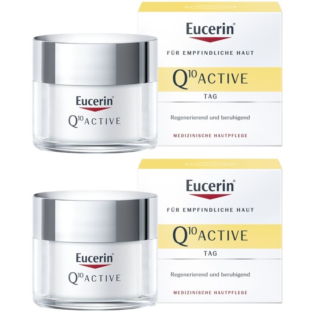 Deux pots et deux boîtes pliantes. Les pots portent l'inscription Eucerin Q10 Active. Les boîtes portent l'inscription Eucerin Q10 Active Tag.