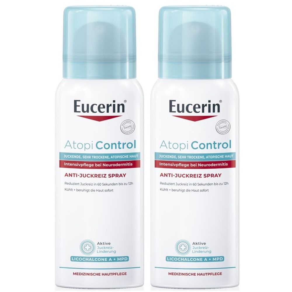 Deux sprays blancs avec bouchons bleus. Inscription: Eucerin, Atopi Control, Anti-Juckreiz Spray. Soin médical de la peau.