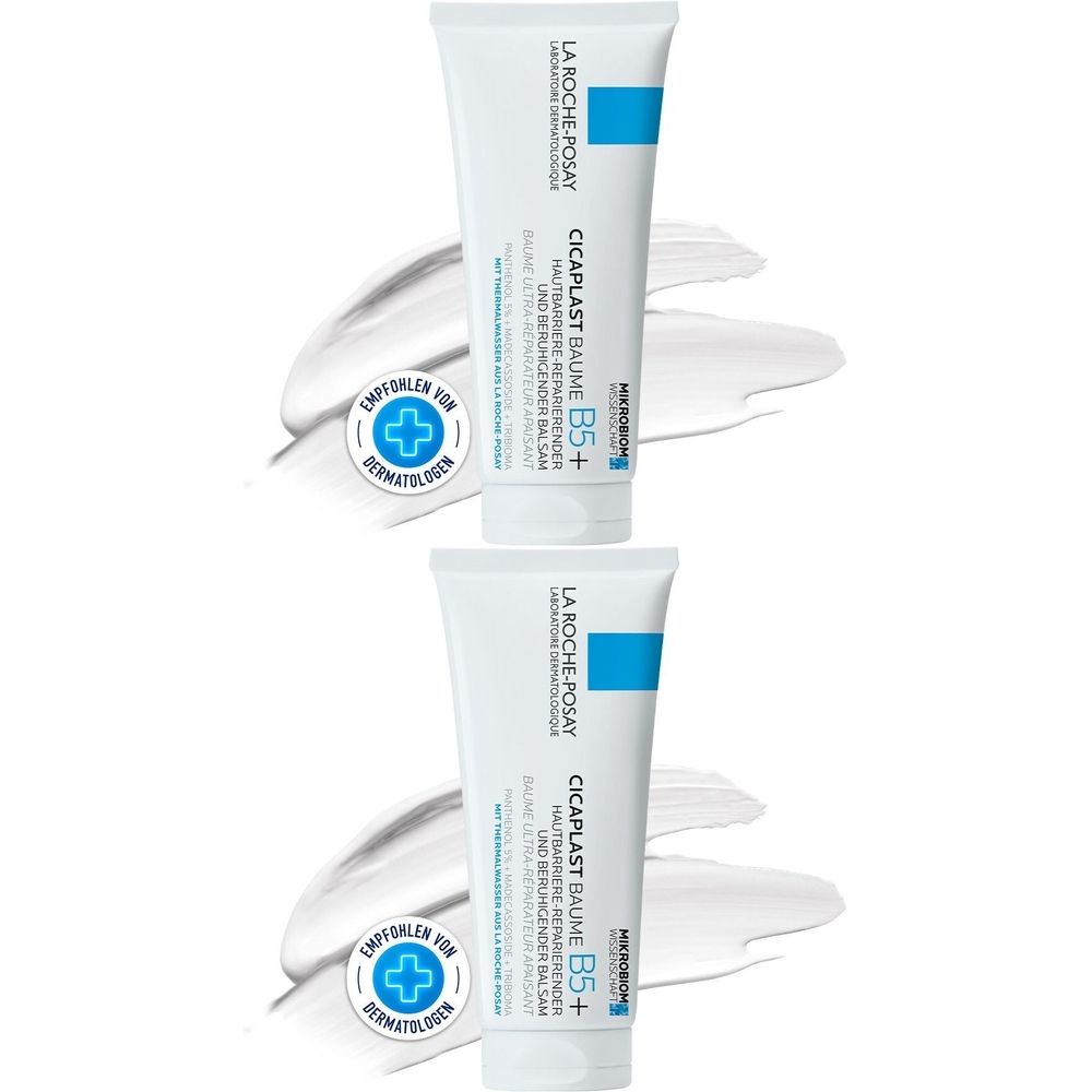 Deux tubes de La Roche-Posay Cicaplast Baume B5+ sur fond blanc. Tube bleu et blanc avec texte. Recommandé par les dermatologues.