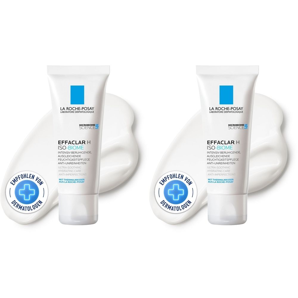 Deux tubes de La Roche-Posay EFFACLAR H ISO-BIOME. Tubes blancs avec texte et logo bleus. Recommandé par les dermatologues.