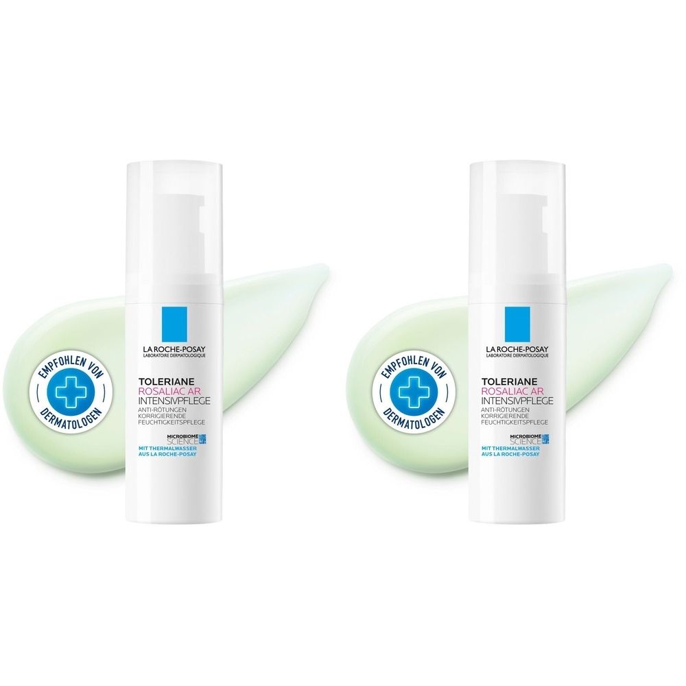 Deux flacons distributeurs blancs avec logo bleu et crème verte. Inscription: Toleriane Rosaliac Intensivpflege. Recommandé par les dermatologues.