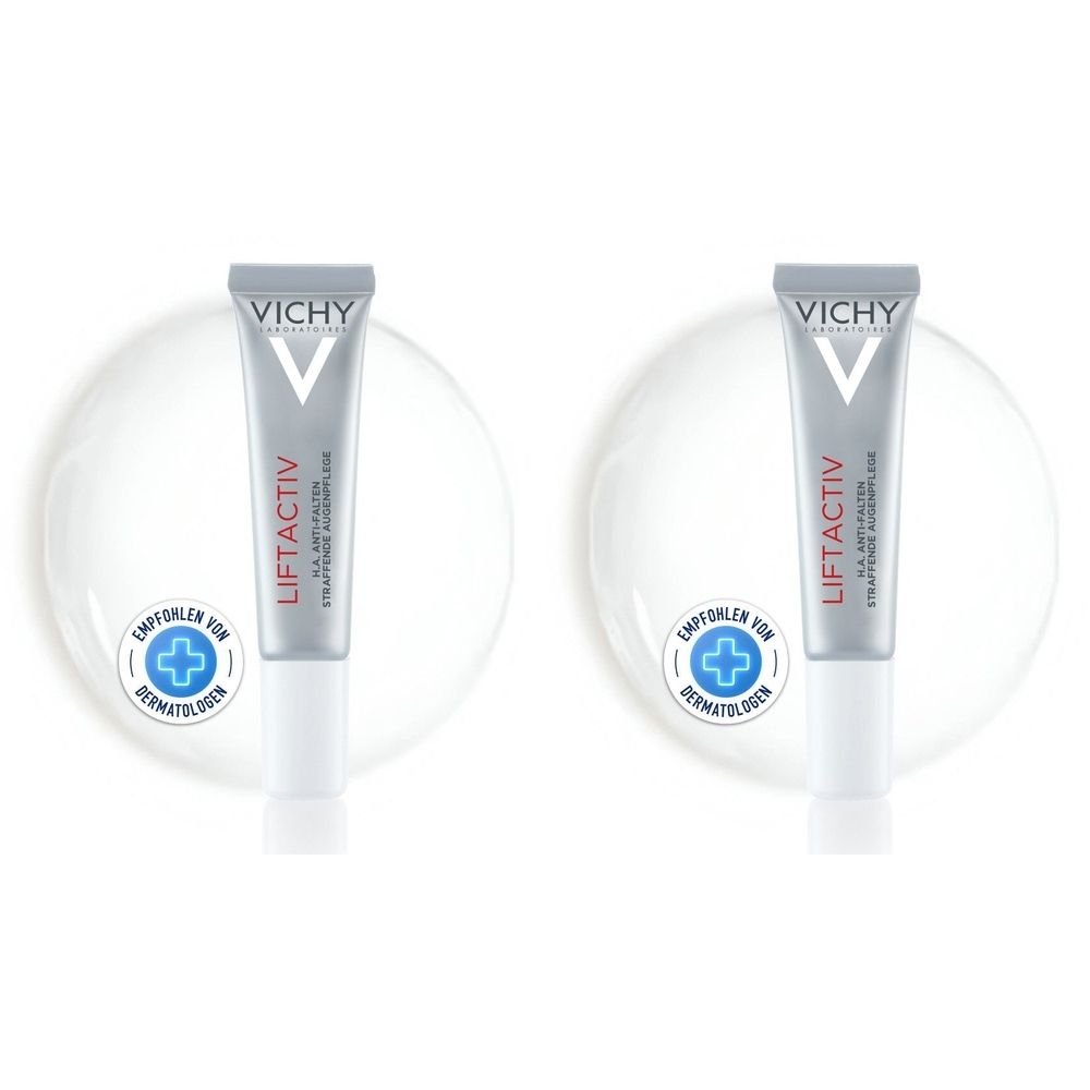 Deux tubes de crème pour les yeux sur fond blanc. Inscription : Vichy Liftactiv H.A. Anti-rides. Recommandé par les dermatologues.