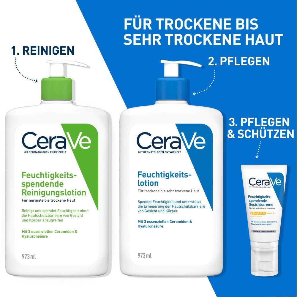 Trois produits CeraVe. Lotion nettoyante hydratante, lotion hydratante et crème solaire. Pour peaux sèches à très sèches.