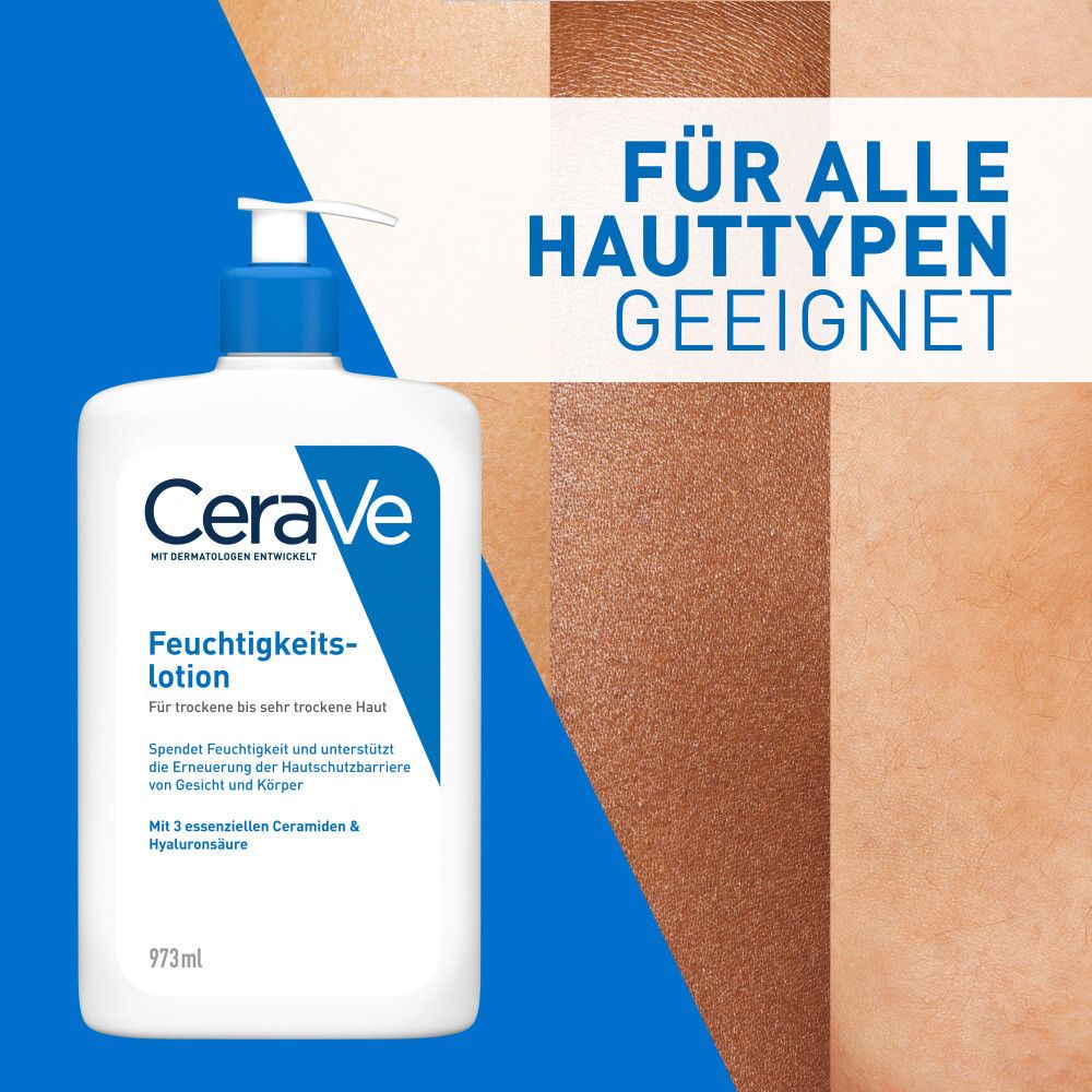 Lotion hydratante CeraVe. Bouteille avec bouchon bleu. Texte : Convient à tous les types de peau.