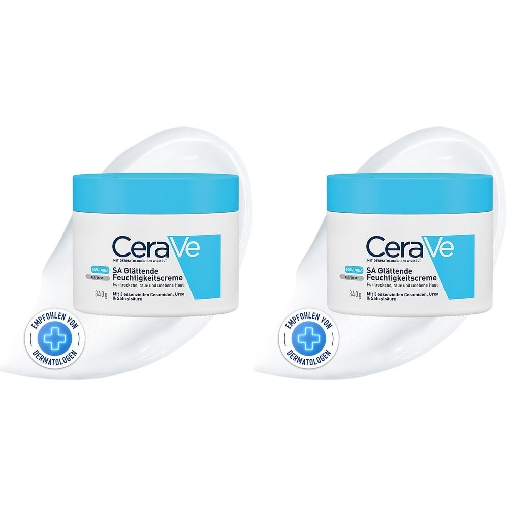 Deux pots de CeraVe SA Crème Hydratante Lissante, couvercles bleus. Testé dermatologiquement.