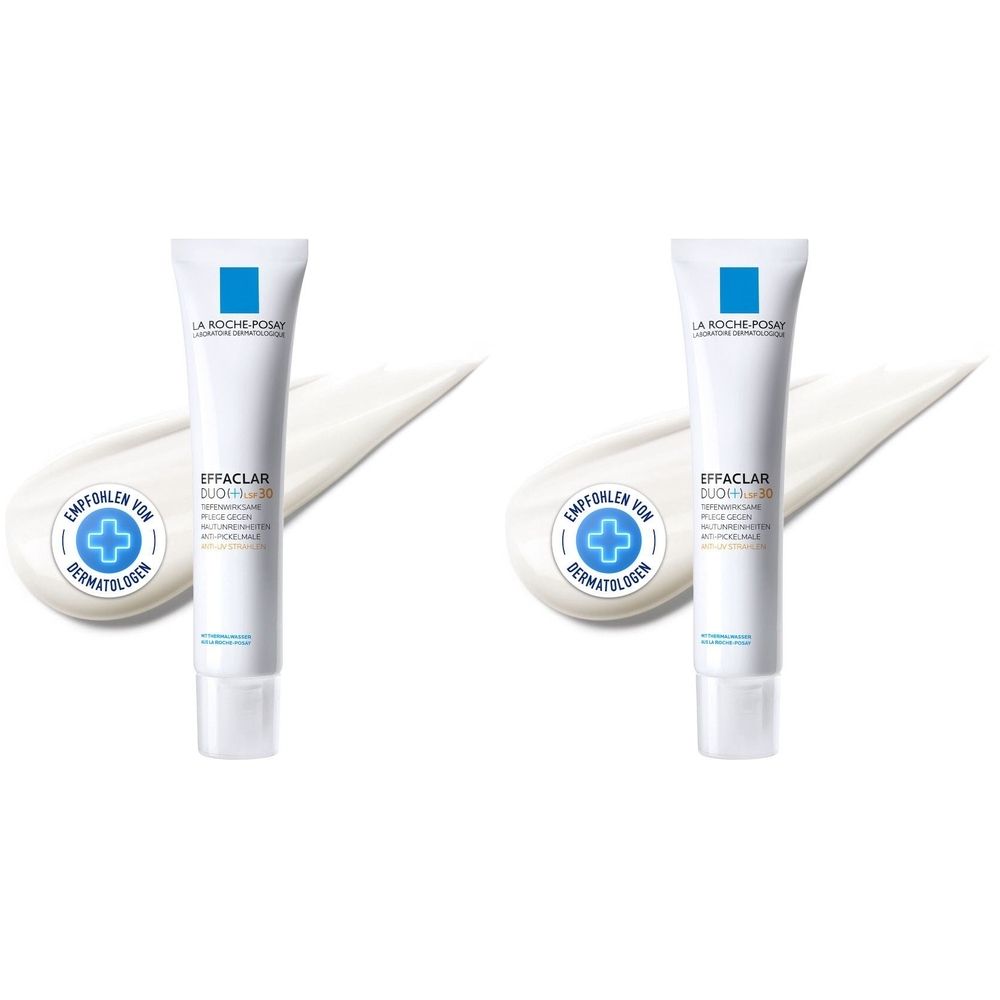 Deux tubes de La Roche-Posay Effaclar Duo+ UV 30. Tubes blancs avec bouchon bleu et nom du produit. Recommandé par les dermatologues.