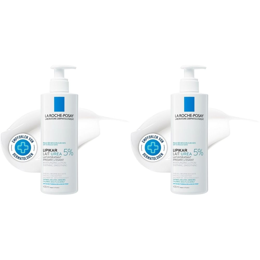 Deux flacons blancs avec pompe. Inscription : La Roche-Posay, Lipikar Lait Urea 5%. Logo : carré bleu.