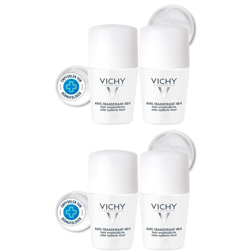 Plusieurs déodorants roll-on blancs. Inscription VICHY et Anti-Transpirant 48H. Logo avec croix et texte : RECOMMANDÉ PAR LES DERMATOLOGUES.