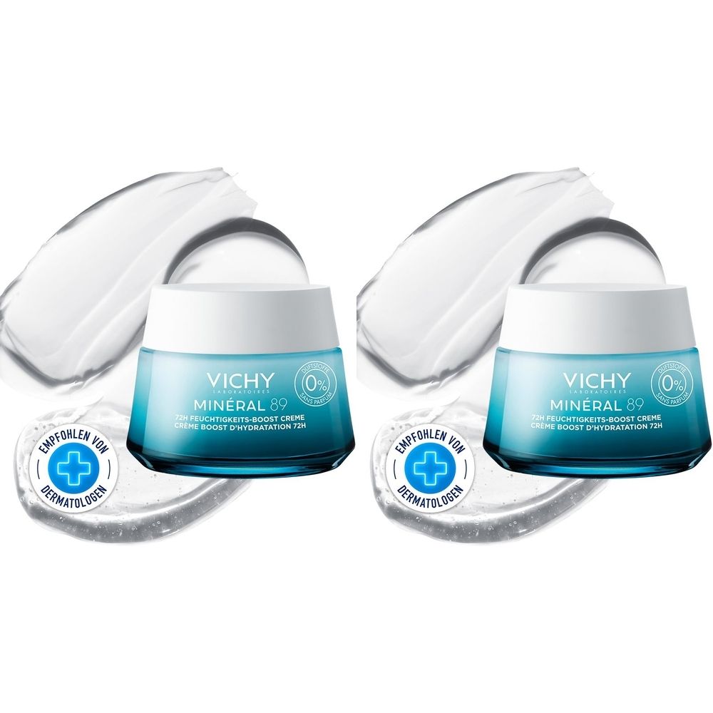Deux pots de crème hydratante Vichy Minéral 89 72H. Pots bleus avec couvercles blancs, avec des traits de crème blanche et un logo.