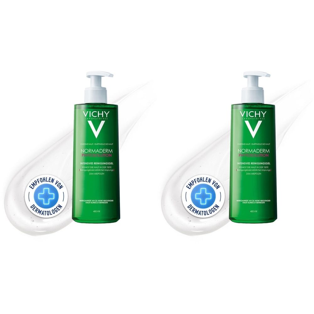 Deux flacons verts avec pompe blanche. Inscription : Vichy, Normaderm. En dessous, une goutte blanche et un logo.