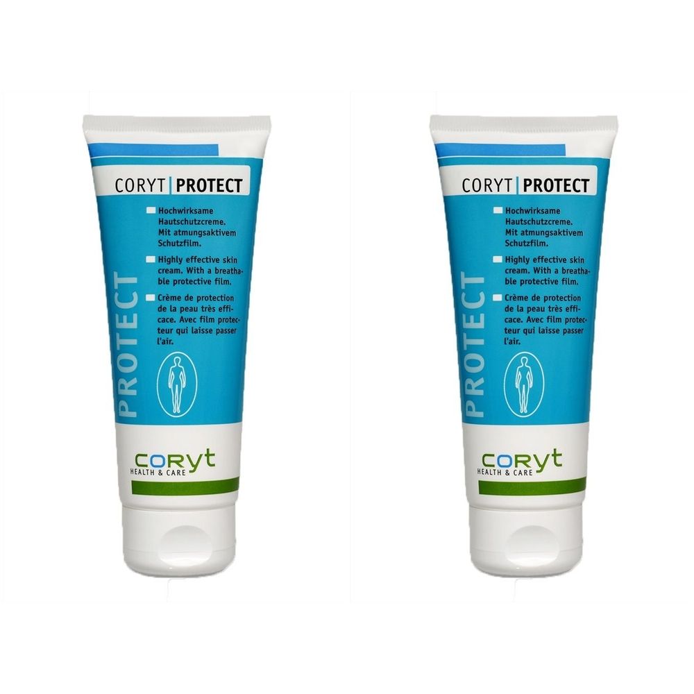 Deux tubes de CORYT Protect. Tube bleu avec bouchon blanc. Texte : Protect, CORYT, Health & Care. Contient des informations multilingues.