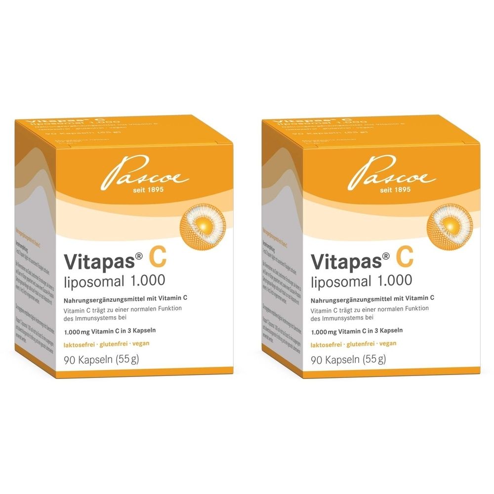 Deux boîtes orange avec "Vitapas C liposomal 1.000". Inscription "Pascoe" et "90 capsules".