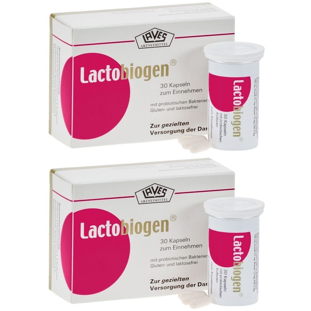 Zwei Packungen und zwei Tuben Lactobiogen®. Weiße Kartons mit pinkfarbenem Kreis und Schriftzug. Tuben mit pinkfarbenem Etikett.
