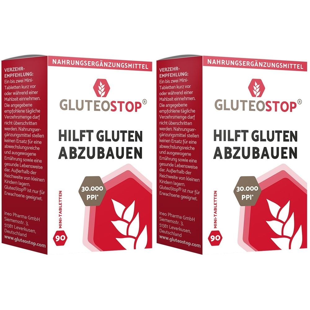 Deux boîtes de GluteoStop. Emballage rouge et blanc avec nom du produit, texte et logo. Contient 90 mini-comprimés.