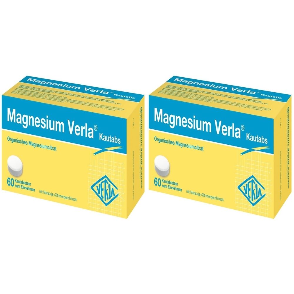 Zwei Schachteln Magnesium Verla® Kautabs. Gelbe Verpackung mit blauem Schriftzug. Enthält 60 Tabletten.